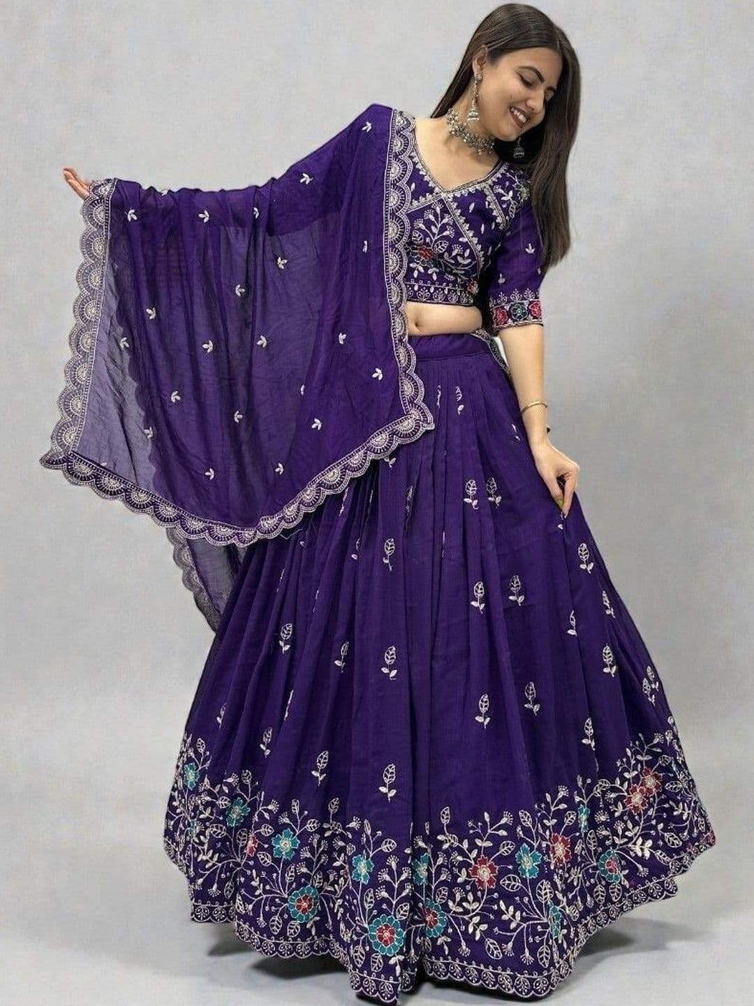 all about you Embroidered Thread Work Semi-Stitched Lehenga & Blouse With Dupatta - view 1