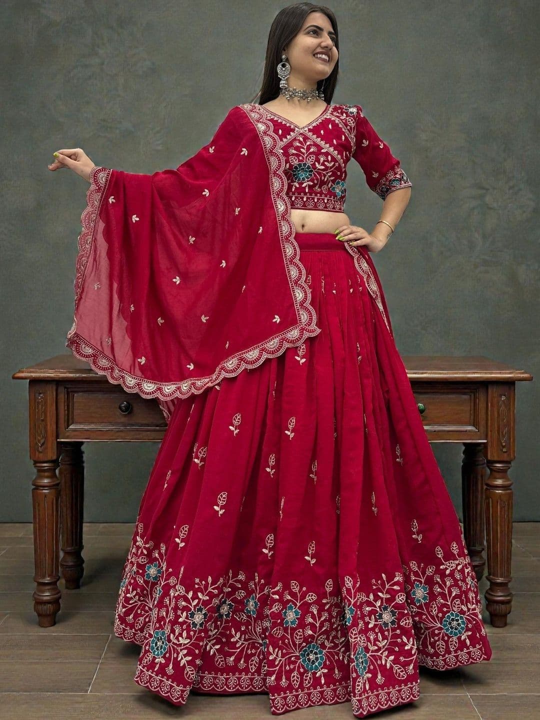 all about you Embroidered Thread Work Semi-Stitched Lehenga & Blouse With Dupatta thumbnail 2