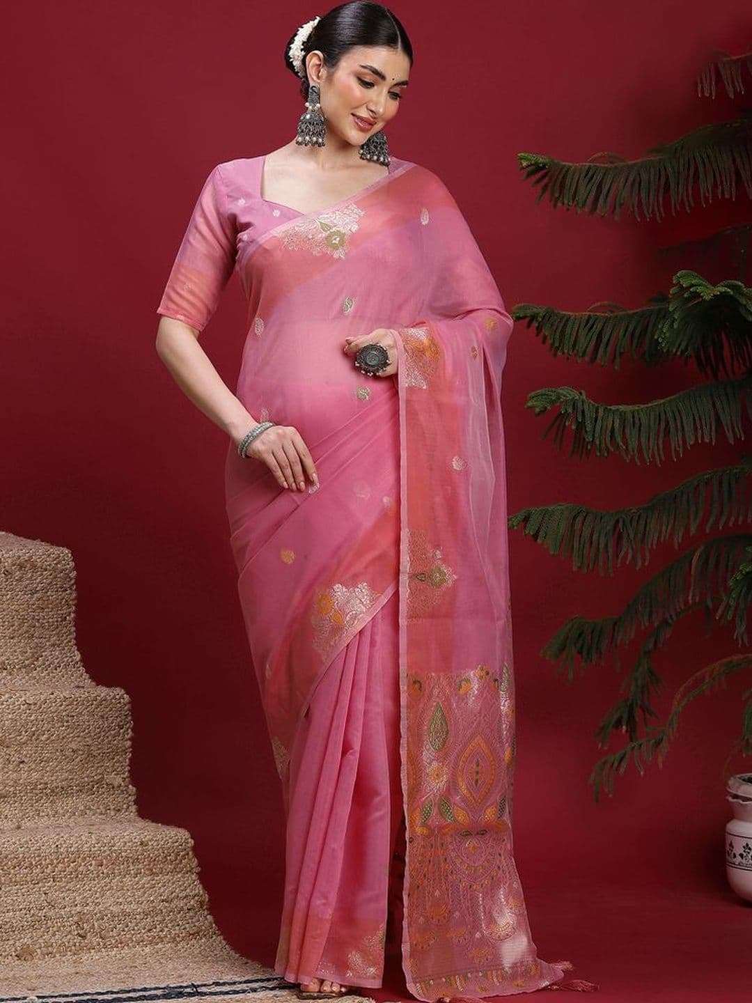 AMRAANA Ethnic Motifs Zari Pure Linen Handloom Saree thumbnail 3