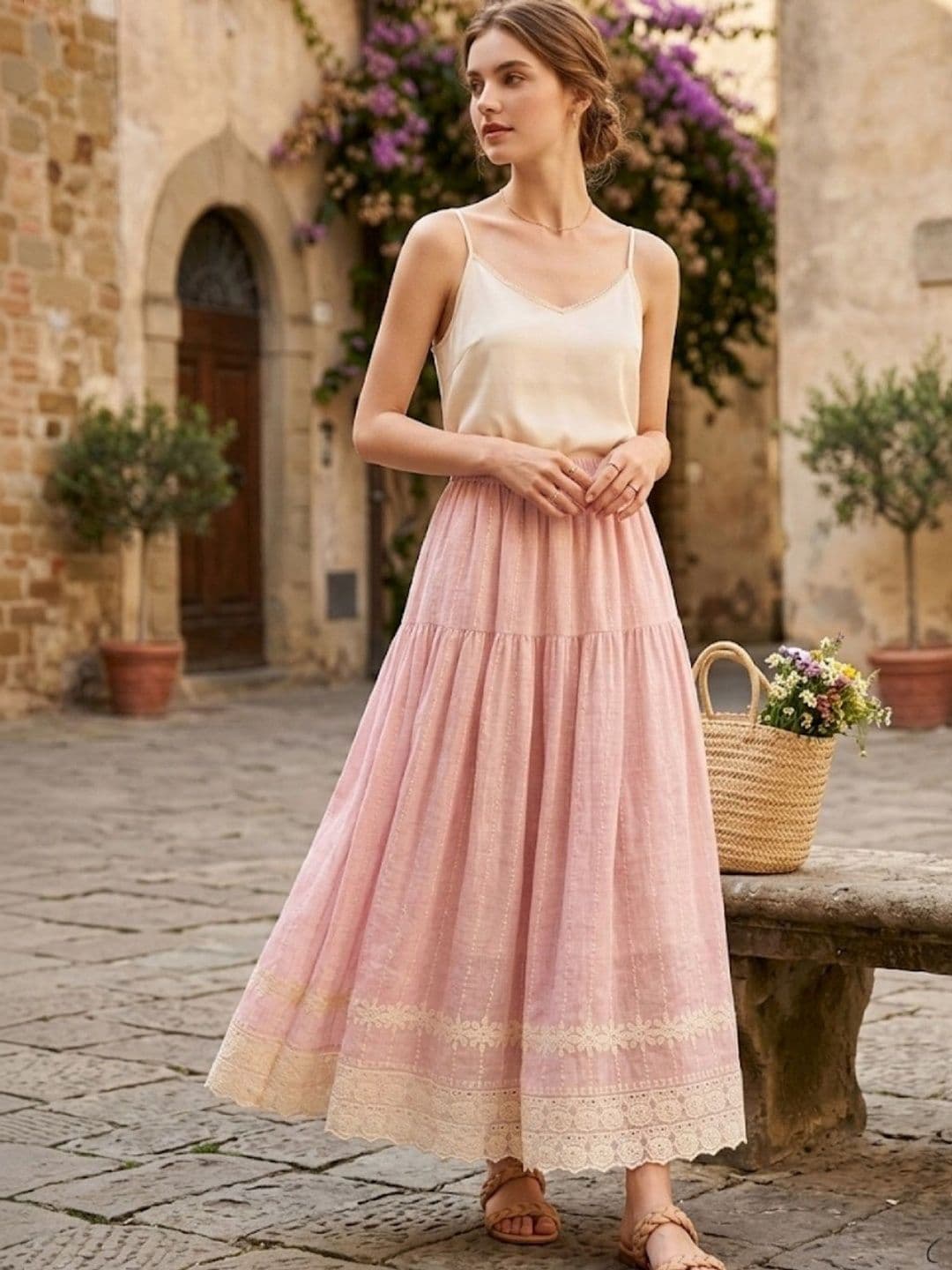 POLLOLOCO Women Cotton Cotton Cambric Self Design Tiered Maxi Tiered Skirt - view 1