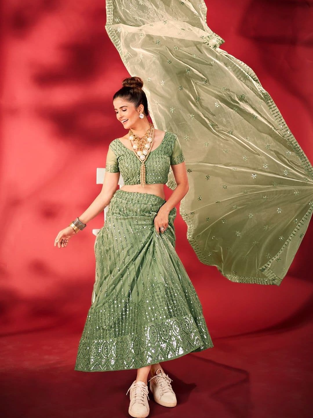 House of Pataudi Embroidered Round Neck Flared Lehenga Choli thumbnail 2
