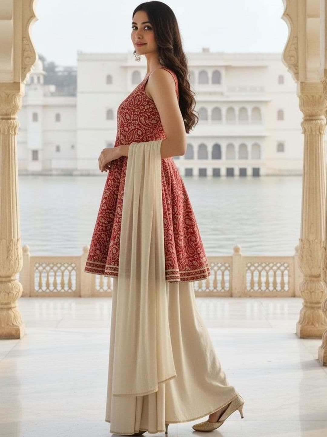 VIBE VISION Women Ethnic Motifs Printed Tiered Gotta Patti Kurta with Palazzos & With Dupatta thumbnail 4