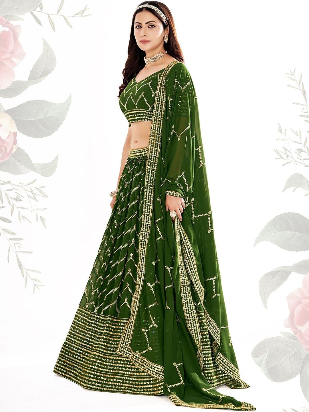 House of Pataudi Embellished V-Neck Flared Lehenga Choli thumbnail 6