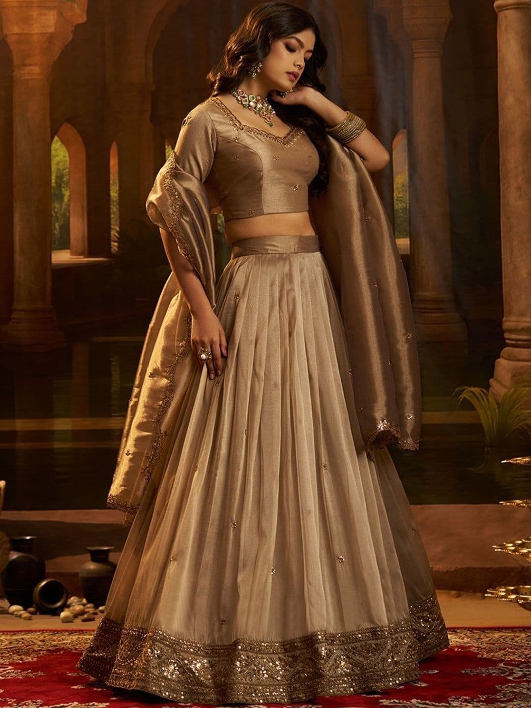ODETTE Embroidered Semi-Stitched Lehenga & Blouse With Dupatta thumbnail 4