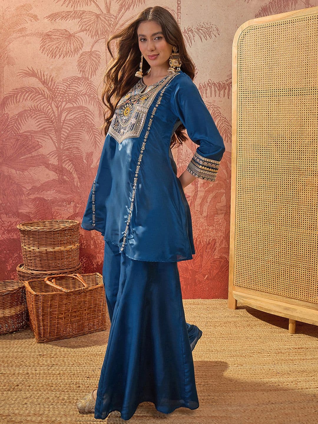Sangria Embroidered  Round Neck Kurta & Palazzos thumbnail 5