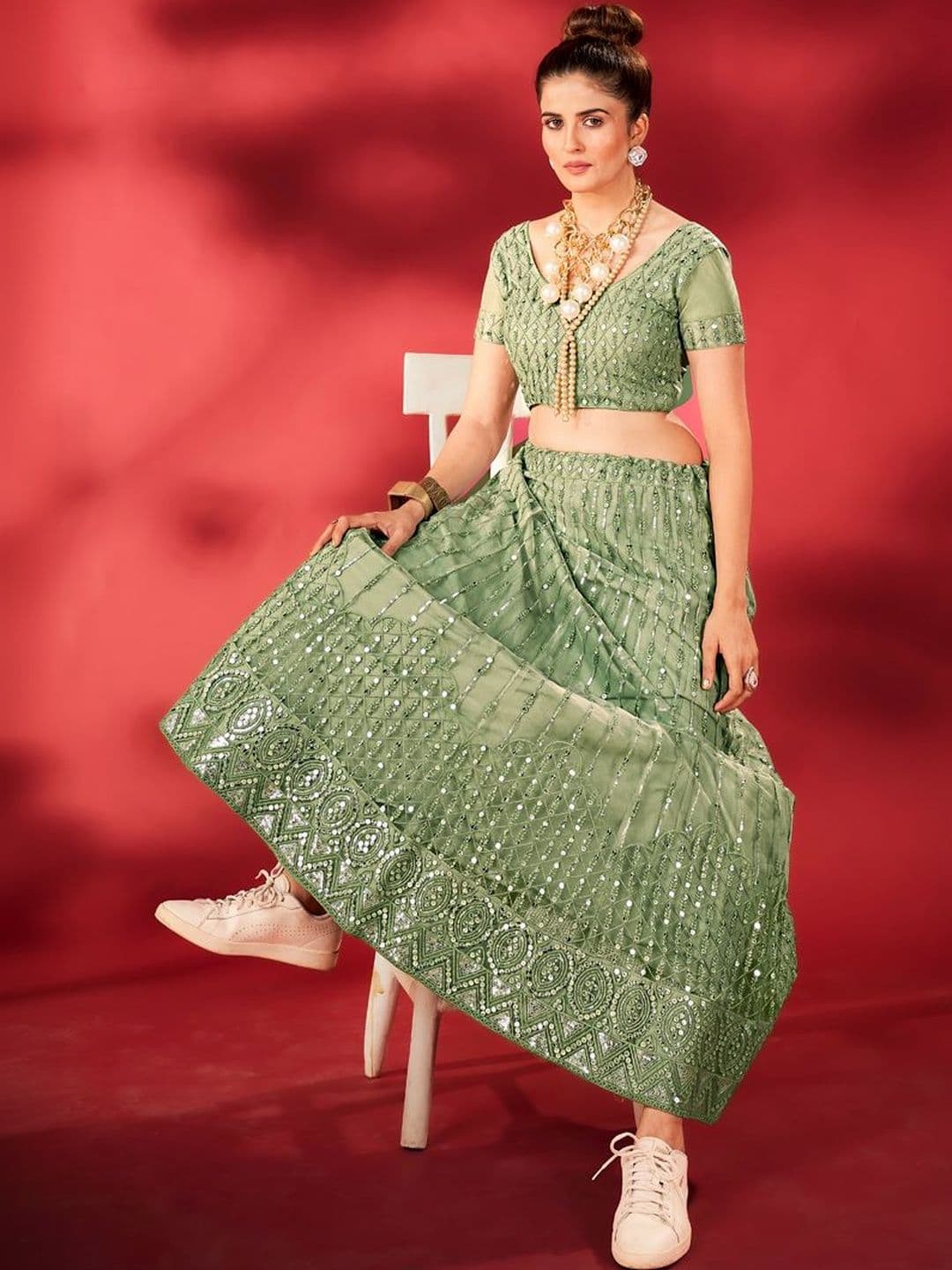 House of Pataudi Embroidered Round Neck Flared Lehenga Choli thumbnail 3