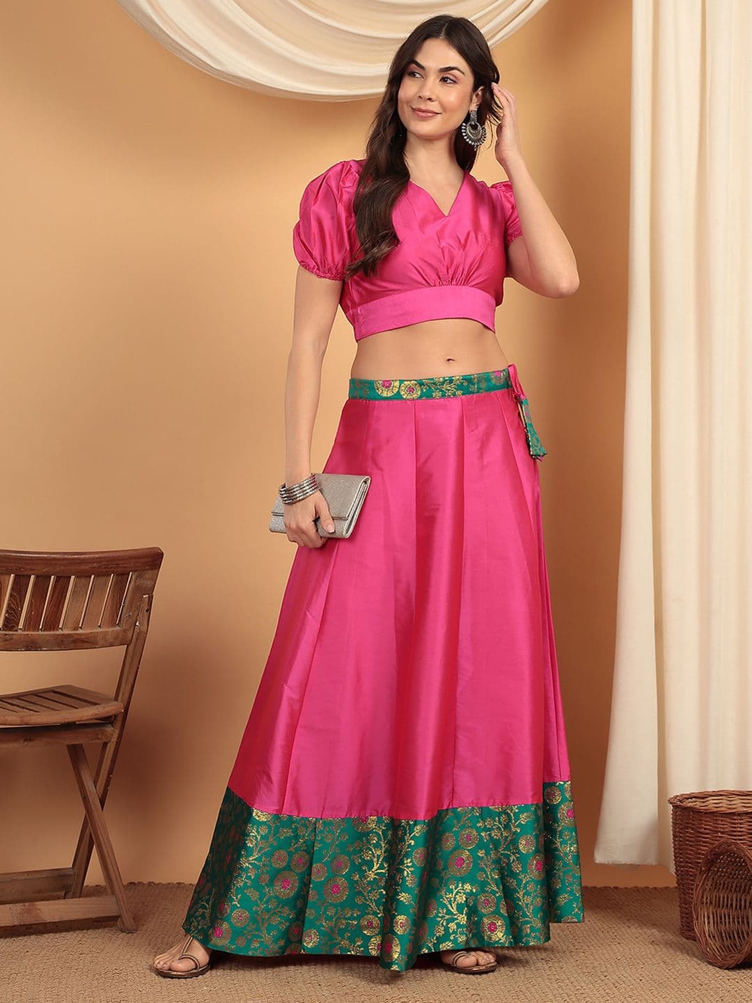 Frolic Rolic Pink & Green Floral Jacquard border Silk Maxi Skirt thumbnail 3