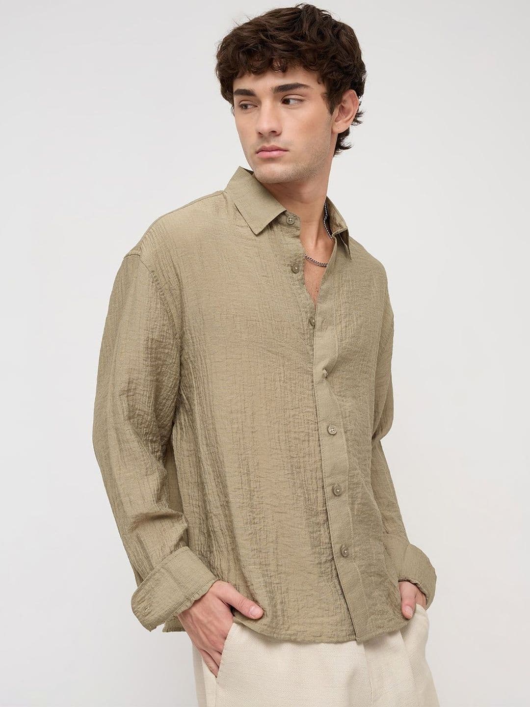 VASTRADO Olive Sheen Crinkled Boxy Fit Crop Shirt thumbnail 7