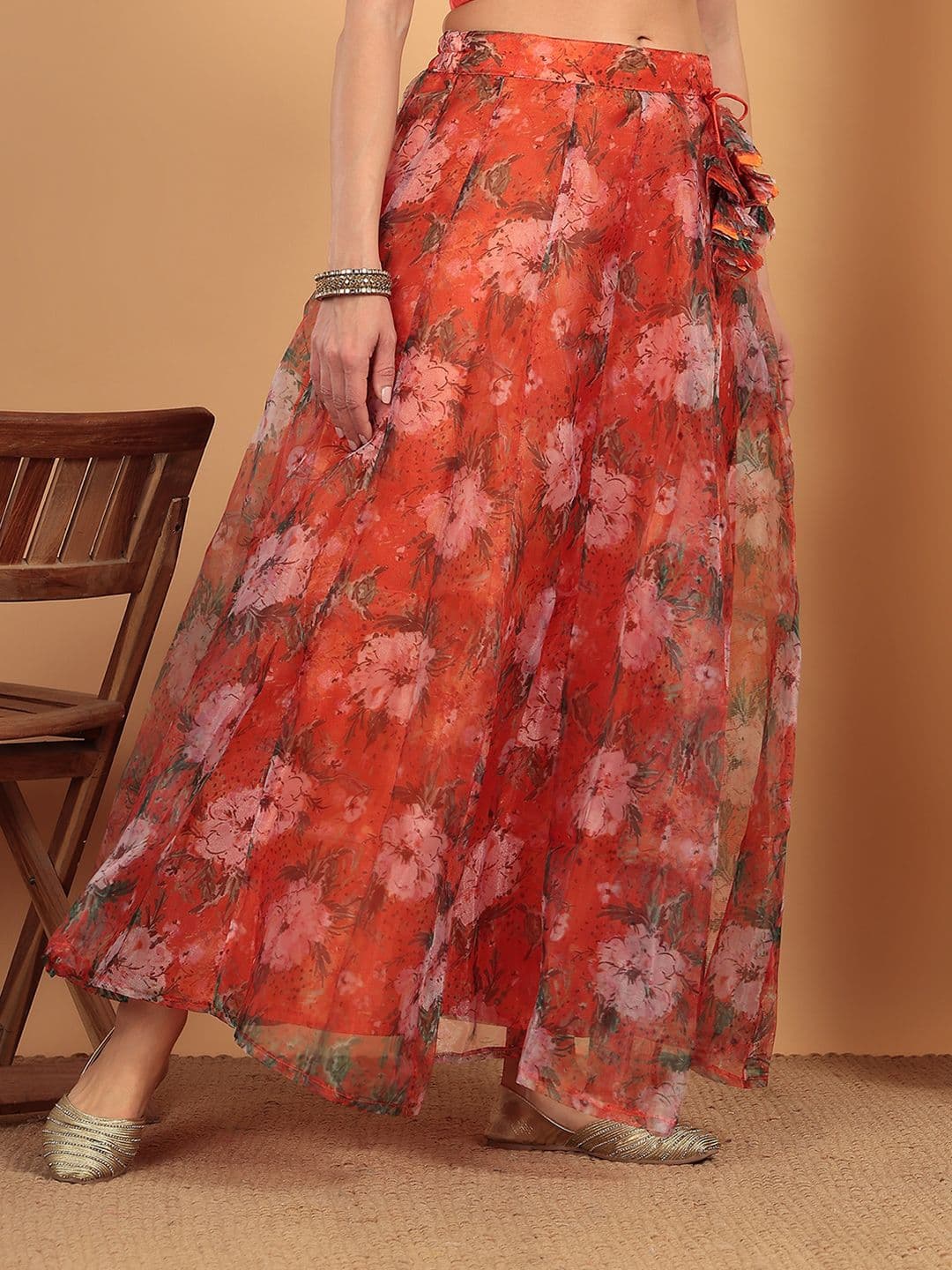 Frolic Rolic Orange Floral Printed Organza Maxi Skirt thumbnail 3