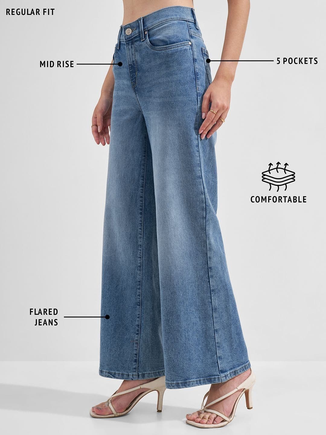 Tokyo Talkies Women Wide Leg Mid-Rise Light Fade Stretchable Jeans thumbnail 2