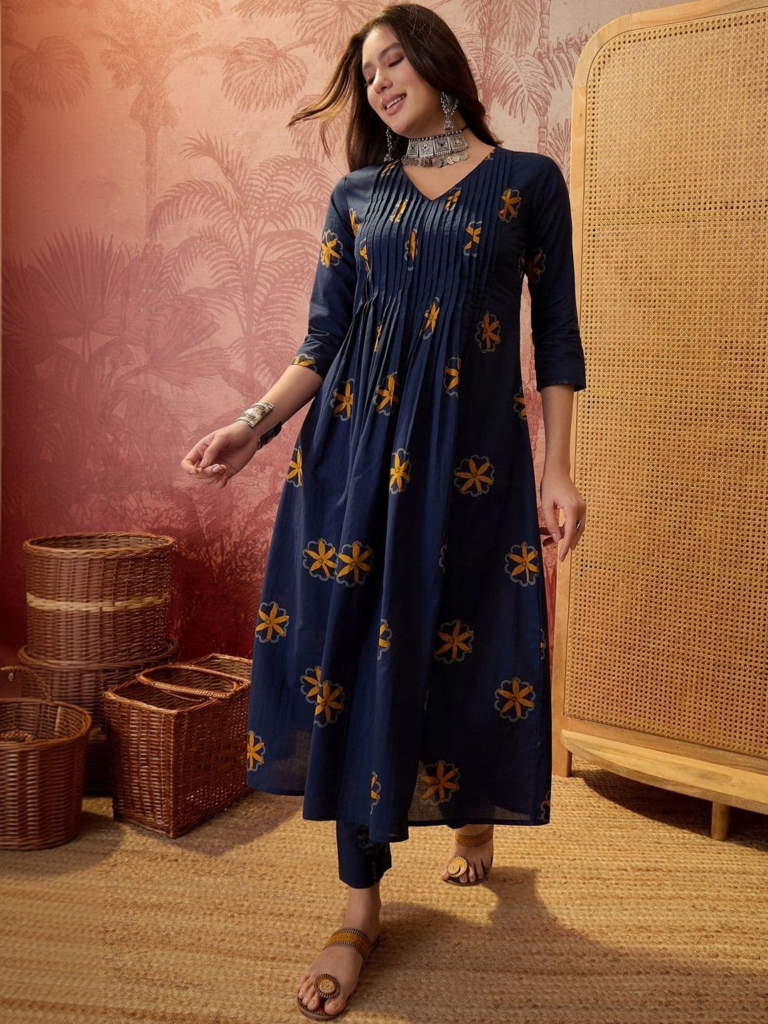 Sangria Printed Pure Cotton V-Neck Kurta & Trousers With Dupatta - view 1