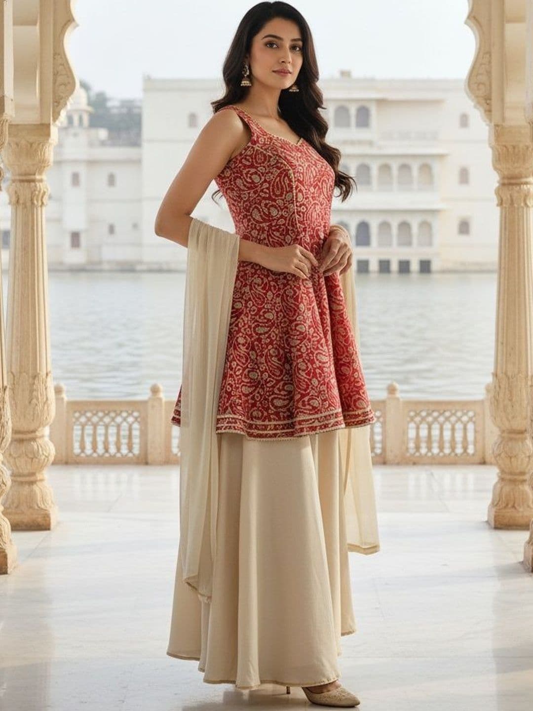 VIBE VISION Women Ethnic Motifs Printed Tiered Gotta Patti Kurta with Palazzos & With Dupatta thumbnail 2