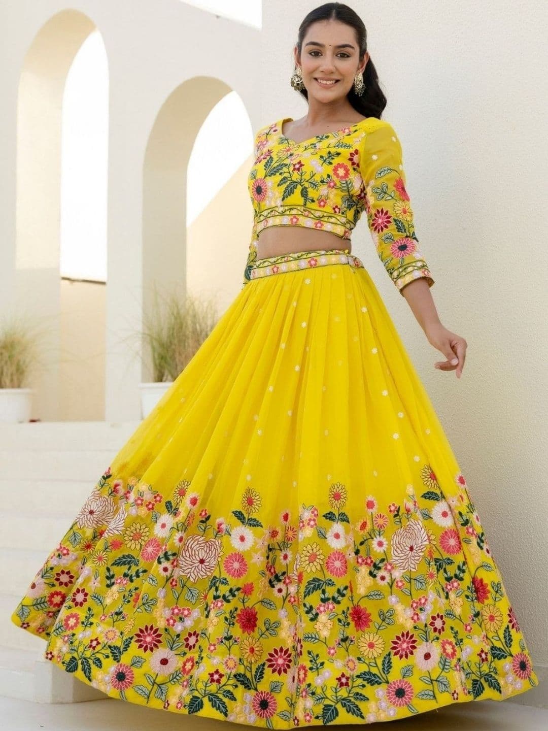 ODETTE Embroidered Thread Work Semi-Stitched Lehenga & Blouse With Dupatta - view 1