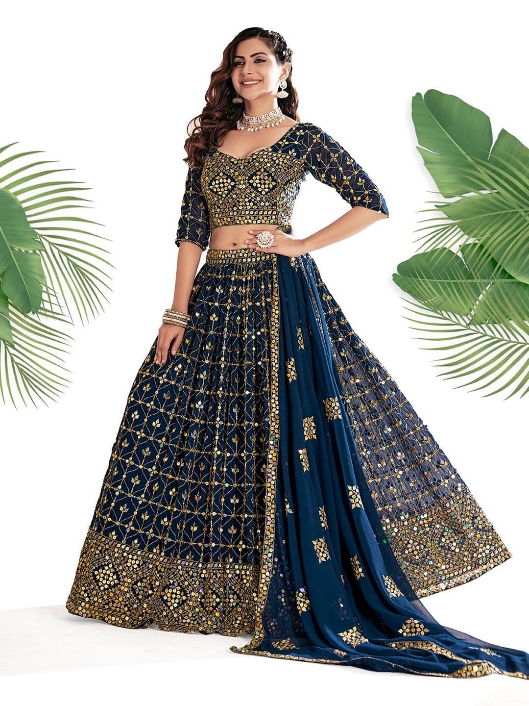 House of Pataudi Embroidered Round Neck Flared Lehenga Choli thumbnail 3