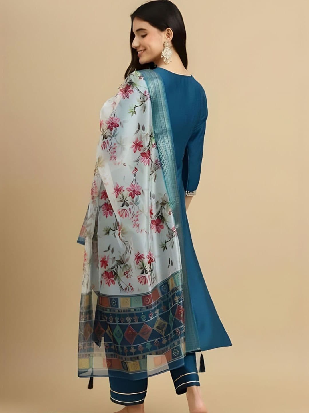 HERE&NOW Women Floral Embroidered Regular Thread Work Pure Cotton Kurta with Trousers & With Dupatta thumbnail 3