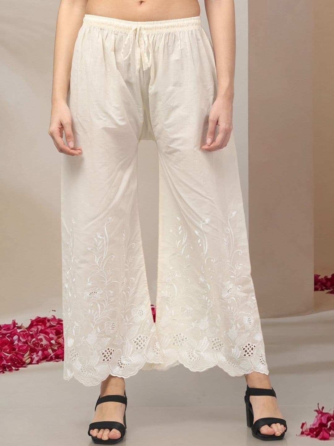KGFONECLOTH Women Floral Embroidered Flared Knitted Ethnic Palazzos - view 1