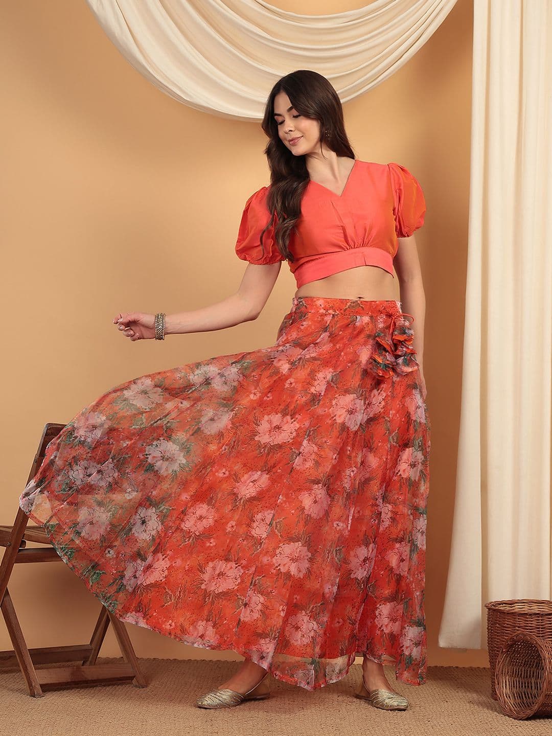 Frolic Rolic Orange Floral Printed Organza Maxi Skirt thumbnail 2