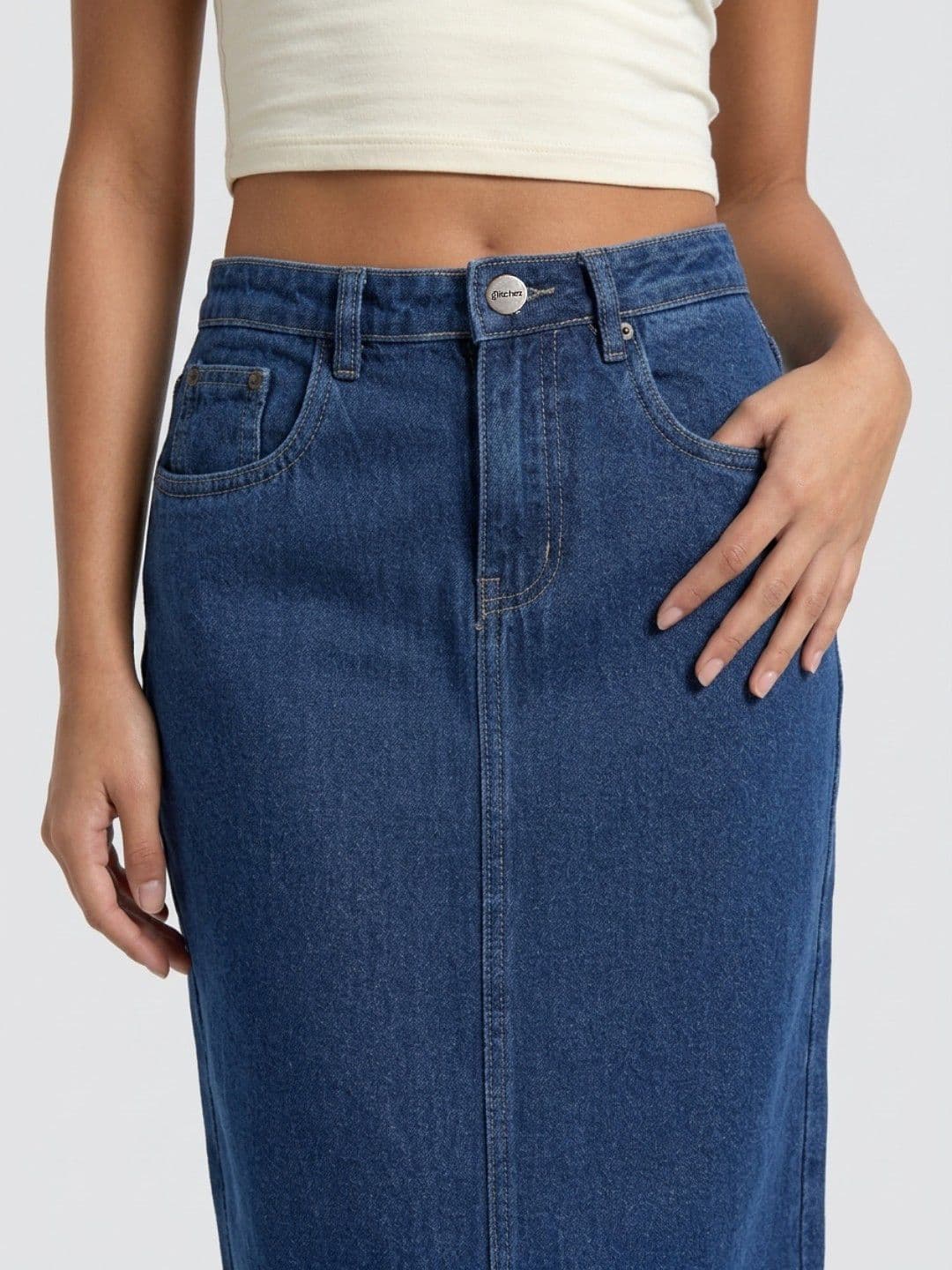 glitchez Women Back Slit Midi Straight Denim Skirt thumbnail 4