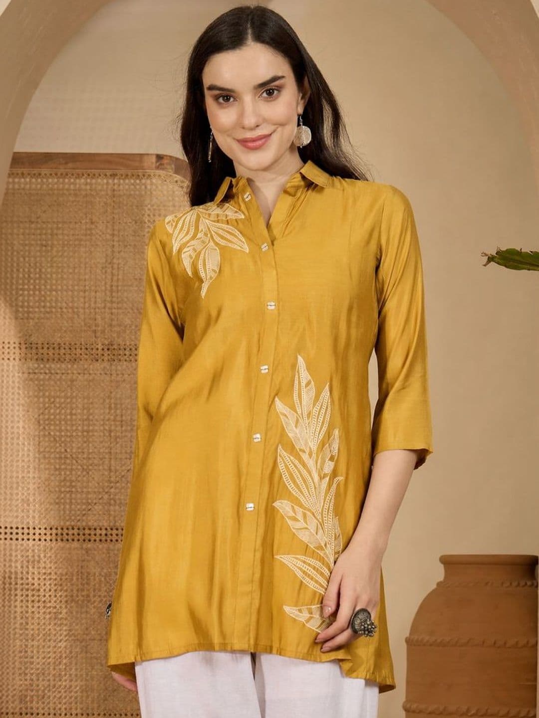 Sangria Embroidered Shirt Collar A-Line Kurtis - view 1
