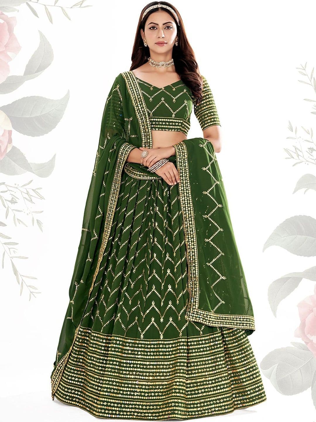 House of Pataudi Embellished V-Neck Flared Lehenga Choli - view 1