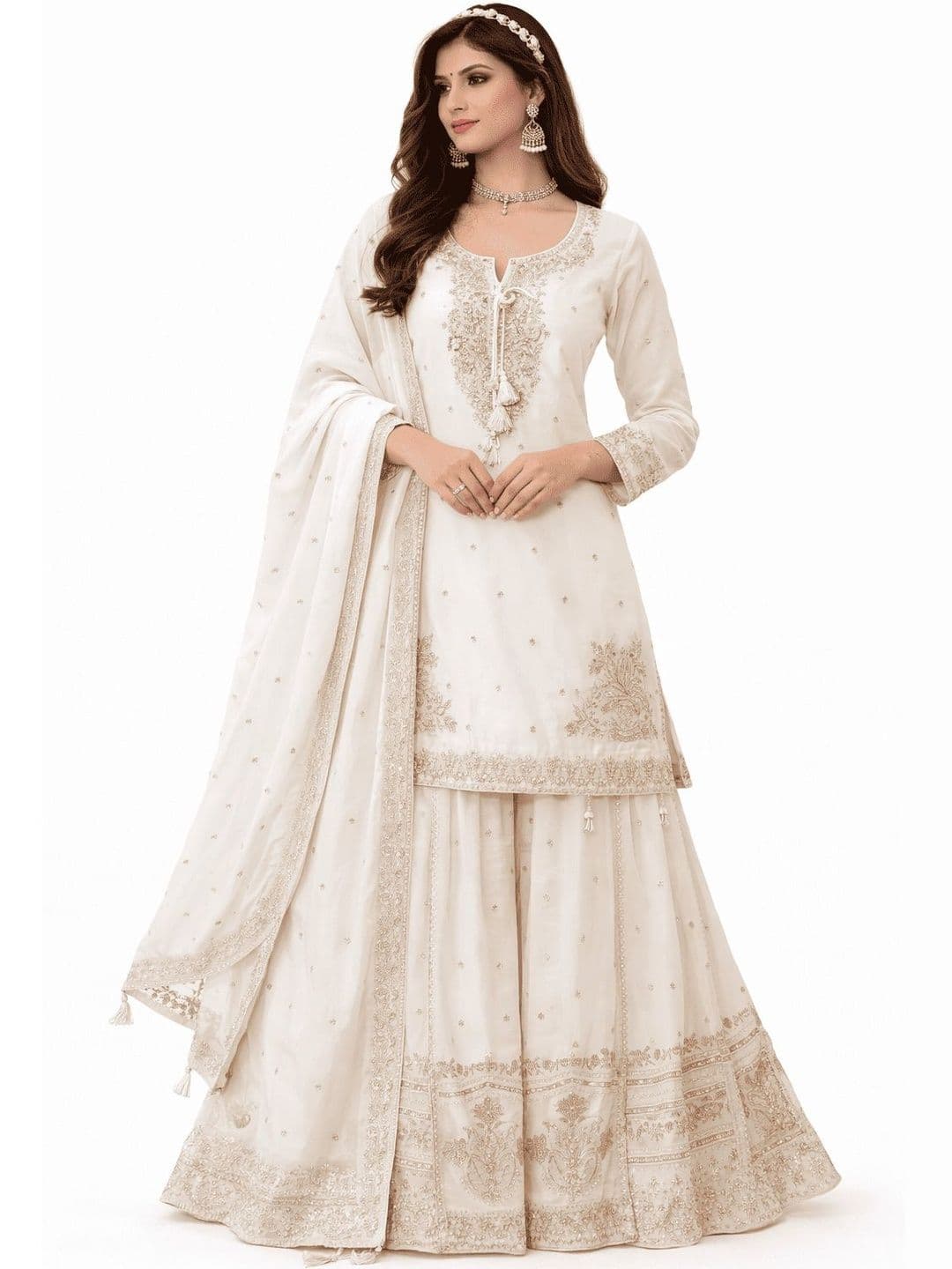 KALINI Women Ethnic Motifs Embroidered Regular Thread Work Chanderi Cotton Kurta with Sharara & With Dupatta - view 1