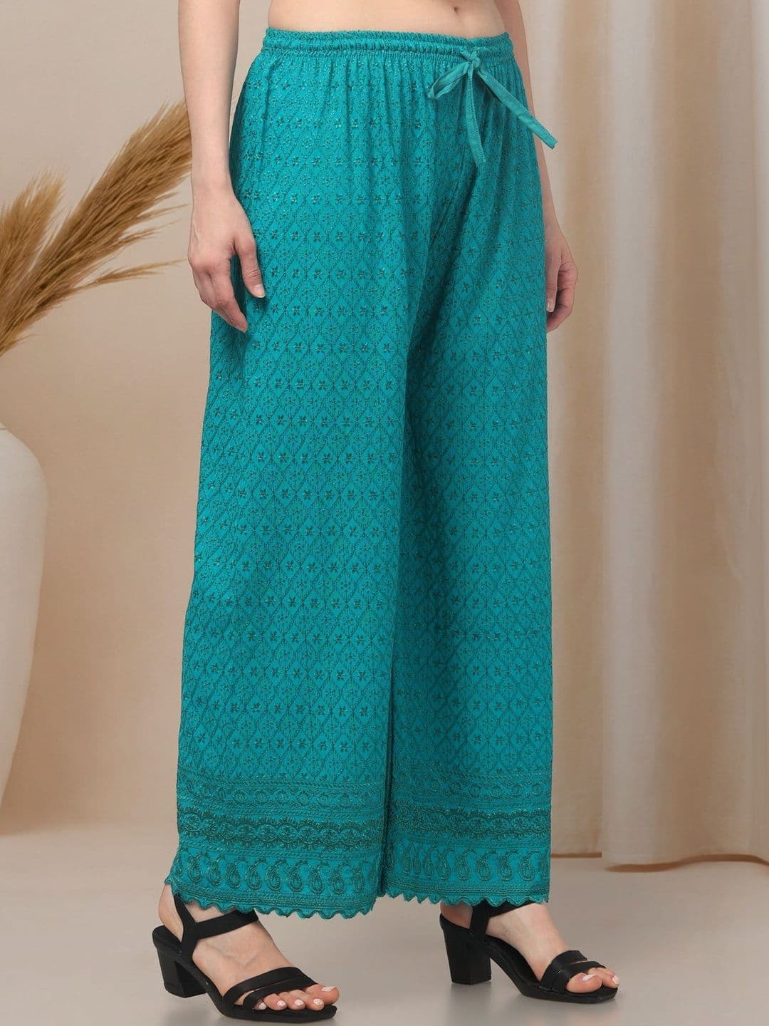 KGFONECLOTH Women Ethnic Motifs Embroidered Knitted Ethnic Palazzos thumbnail 2