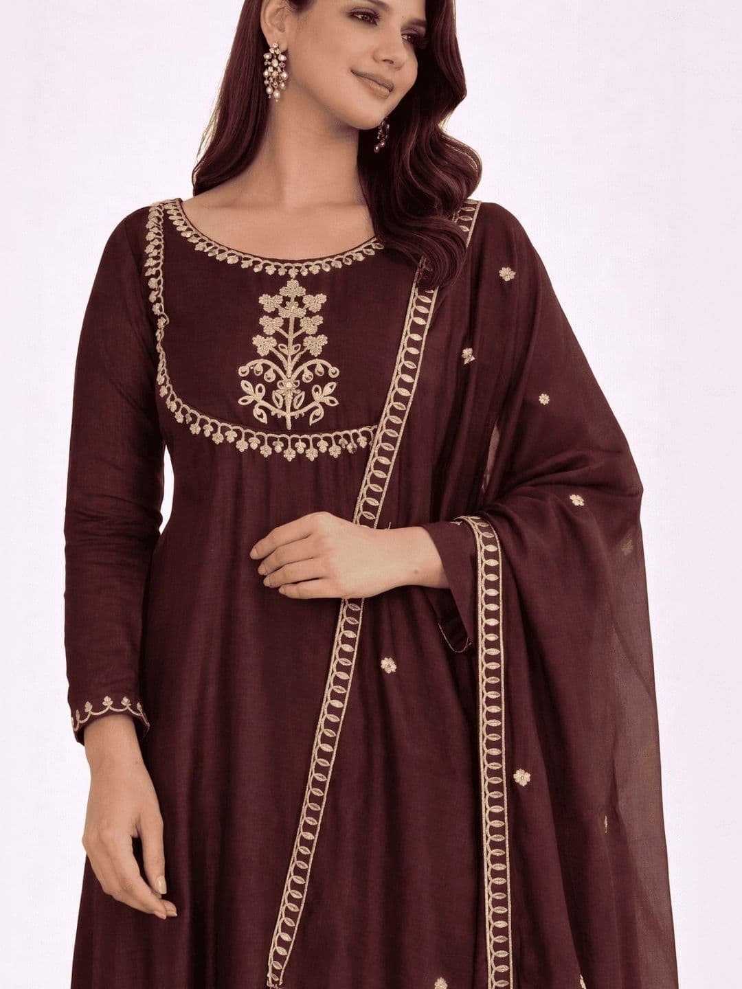 KALINI Women Ethnic Motifs Embroidered Panelled Thread Work Chanderi Cotton Kurta with Trousers & With thumbnail 2