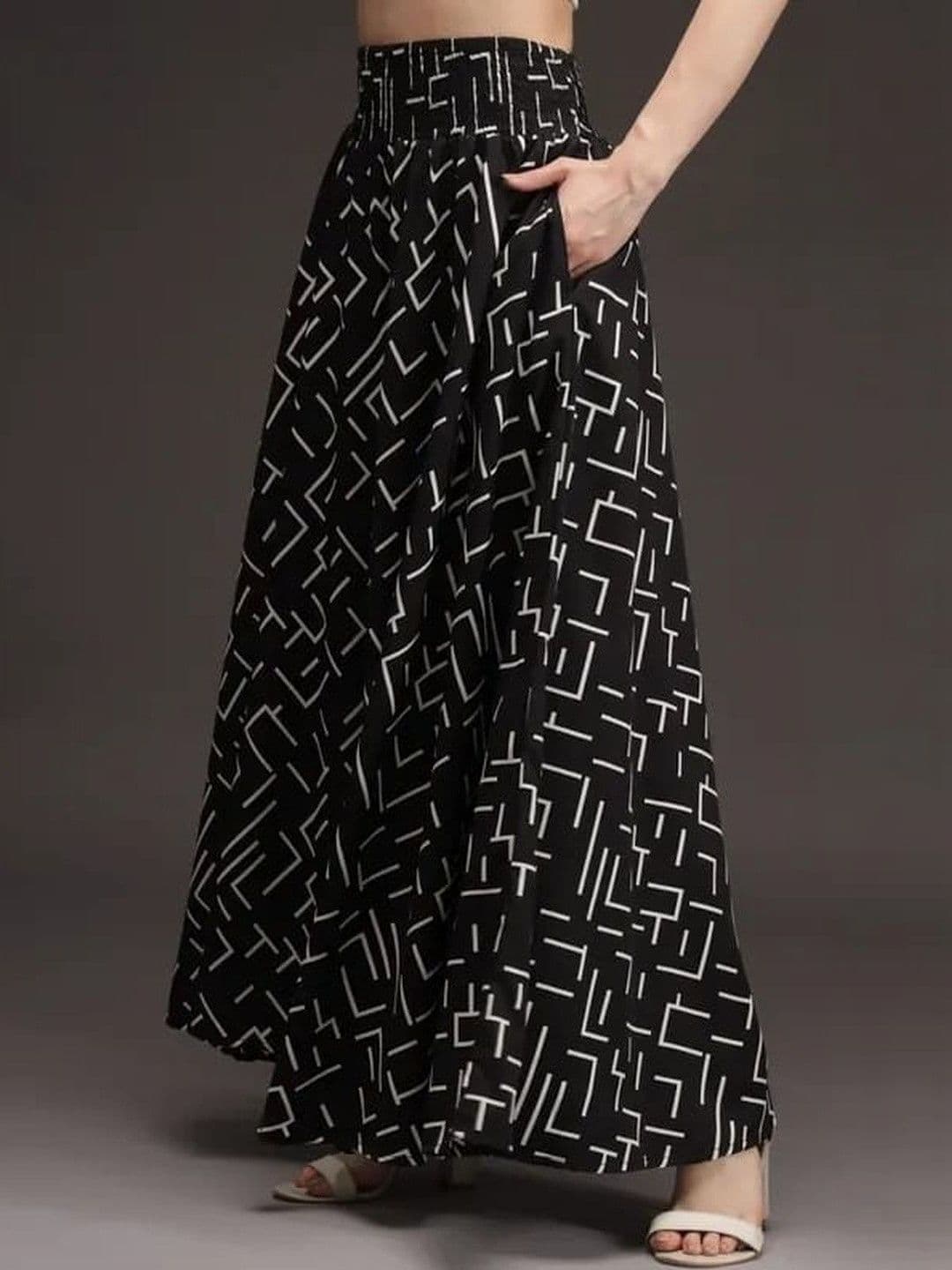 Pink Formal Women Trendy Black & White Abstract Printed Flared Palazzo for Women thumbnail 3