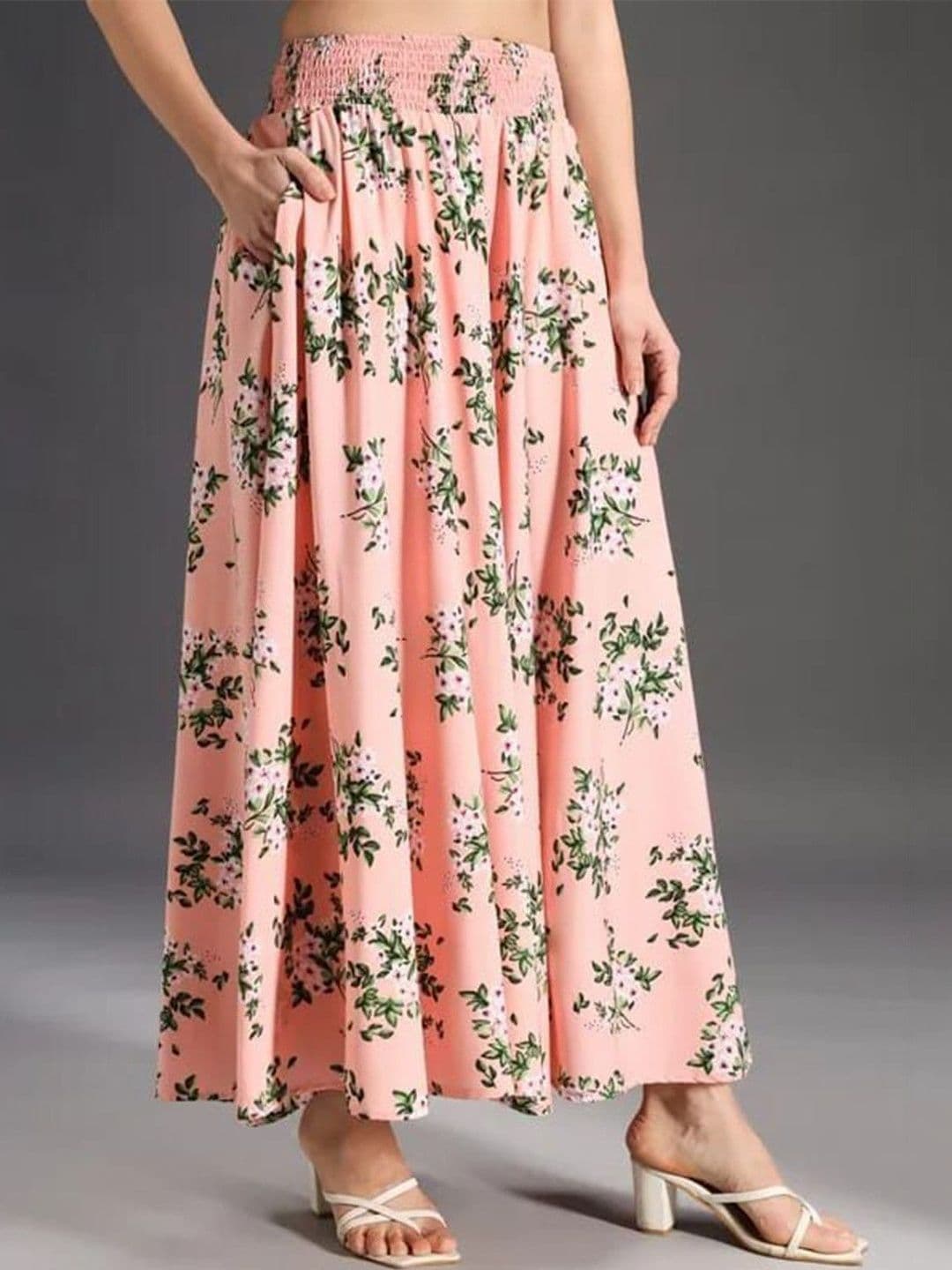 Pink Formal Women Floral Printed Knitted Crepe Flared Palazzos - view 1
