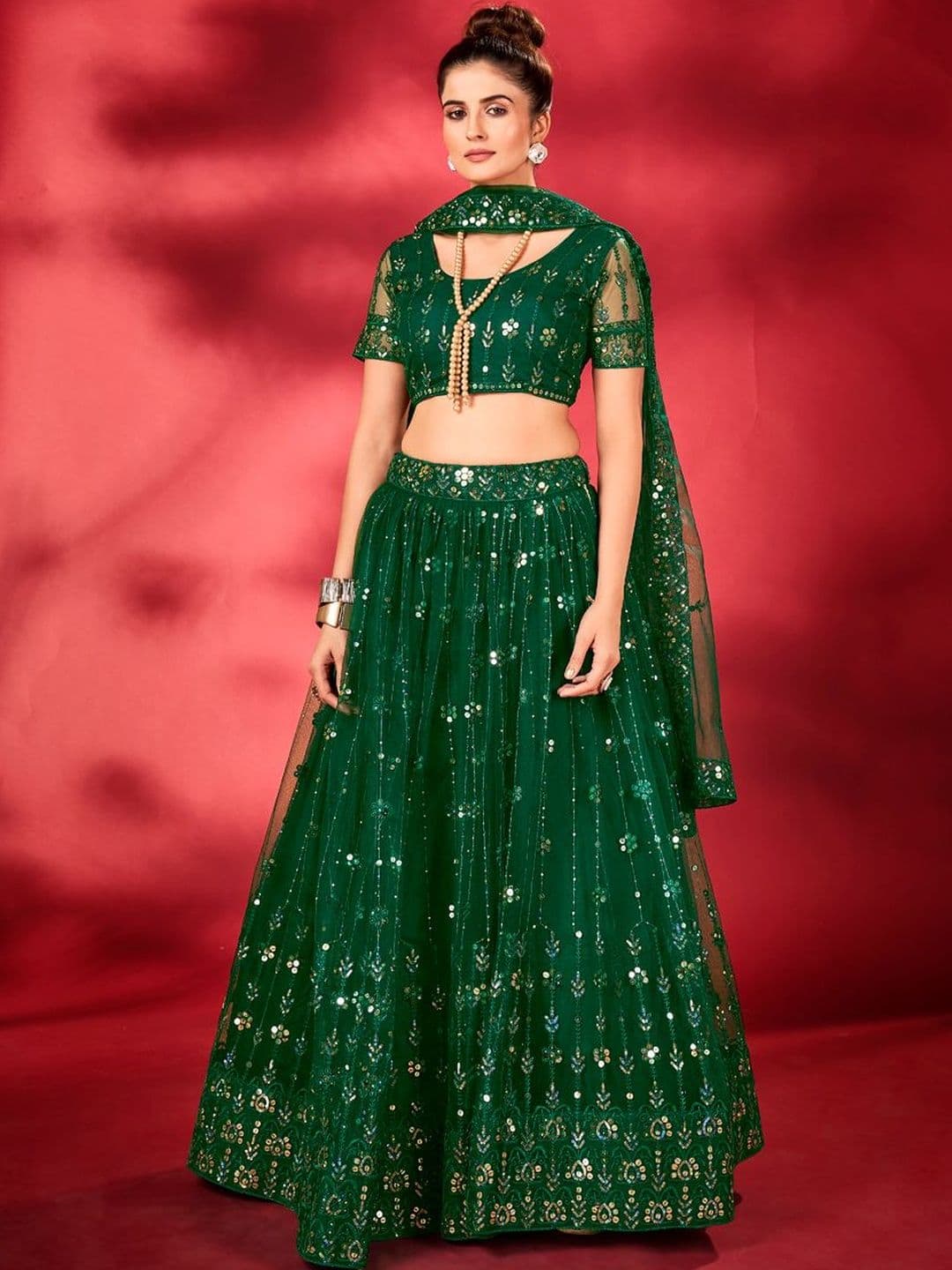 House of Pataudi Embroidered Round Neck Flared Lehenga Choli - view 1
