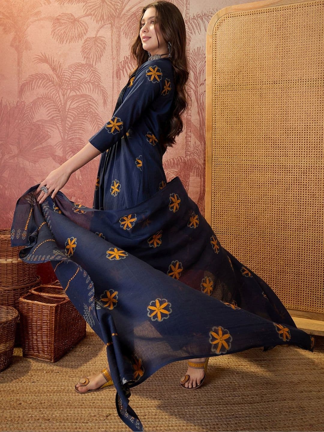 Sangria Printed Pure Cotton V-Neck Kurta & Trousers With Dupatta thumbnail 6