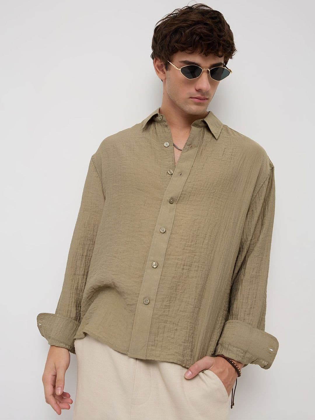 VASTRADO Olive Sheen Crinkled Boxy Fit Crop Shirt - view 1