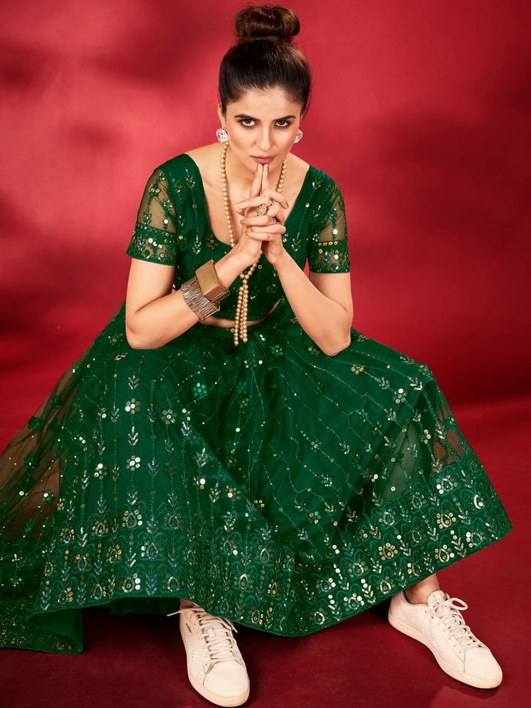 House of Pataudi Embroidered Round Neck Flared Lehenga Choli thumbnail 3