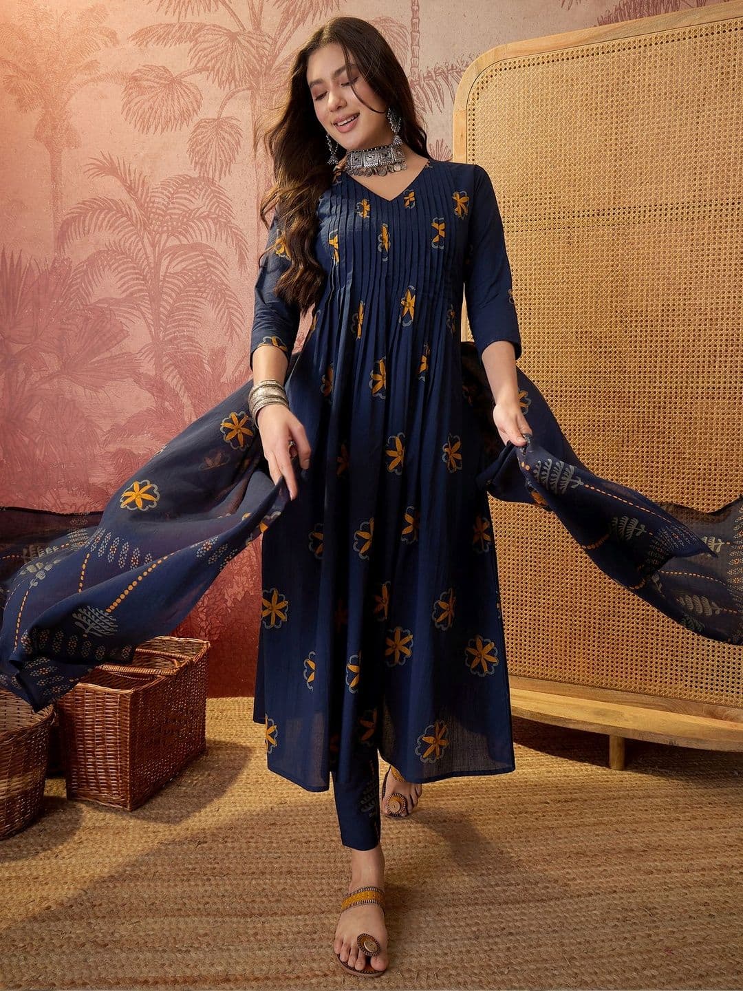 Sangria Printed Pure Cotton V-Neck Kurta & Trousers With Dupatta thumbnail 7