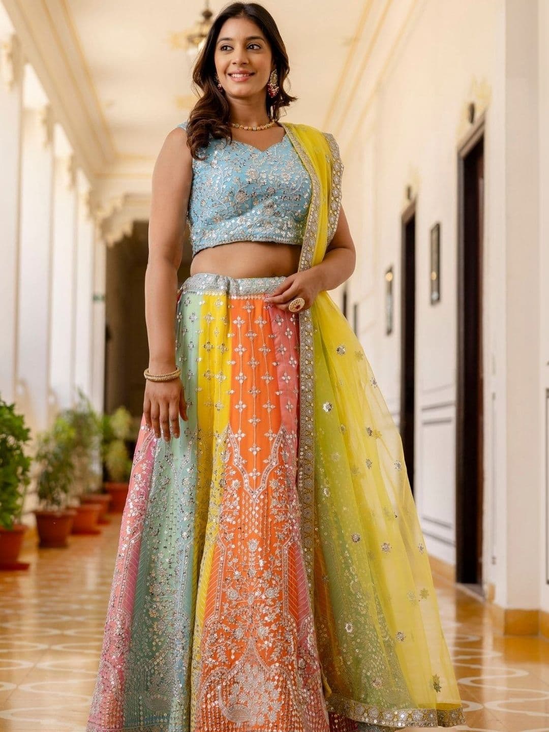 ODETTE Embroidered Sequinned Semi-Stitched Lehenga & Blouse With Dupatta thumbnail 5