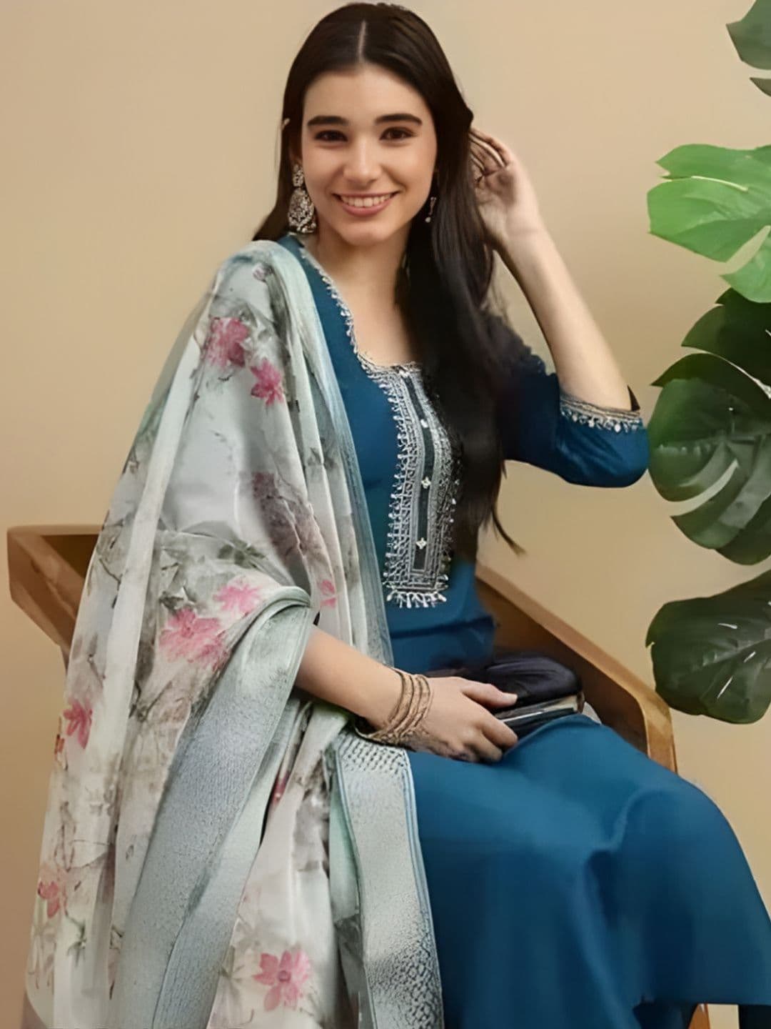 HERE&NOW Women Floral Embroidered Regular Thread Work Pure Cotton Kurta with Trousers & With Dupatta thumbnail 2