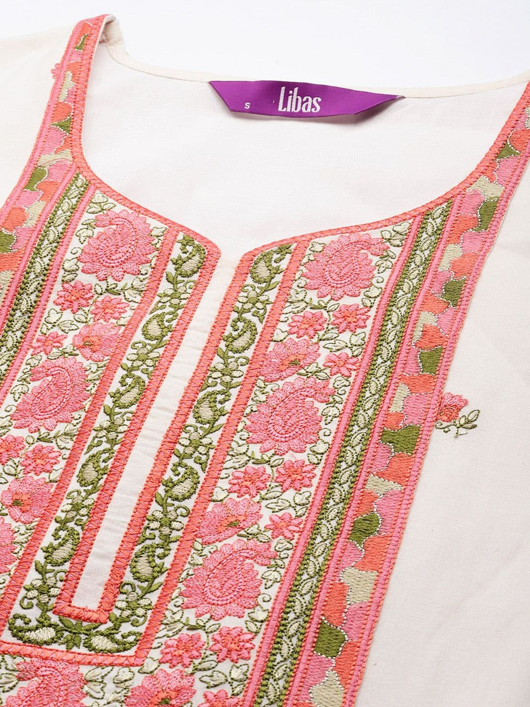 Libas Women Off White & Pink Cotton Floral Thread Work Kurta with Palazzos & Dupatta thumbnail 5