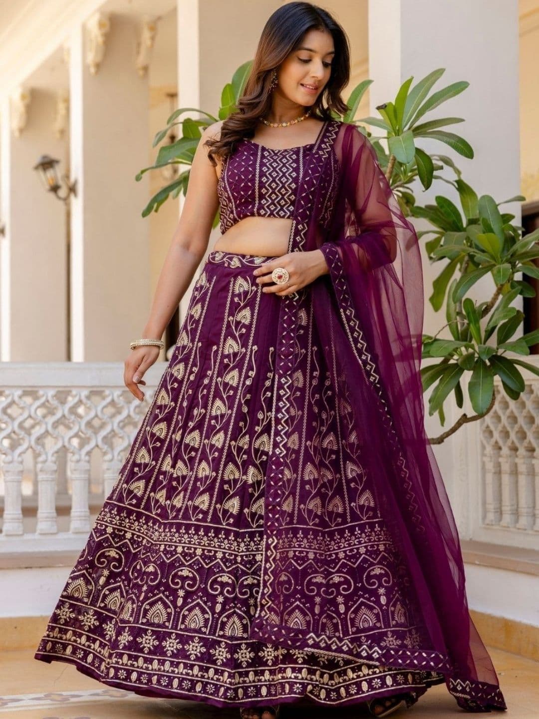 ODETTE Embroidered Semi-Stitched Lehenga & Blouse With Dupatta thumbnail 4
