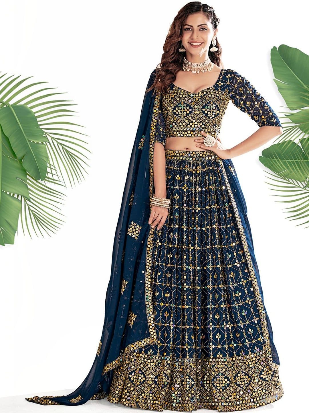 House of Pataudi Embroidered Round Neck Flared Lehenga Choli - view 1