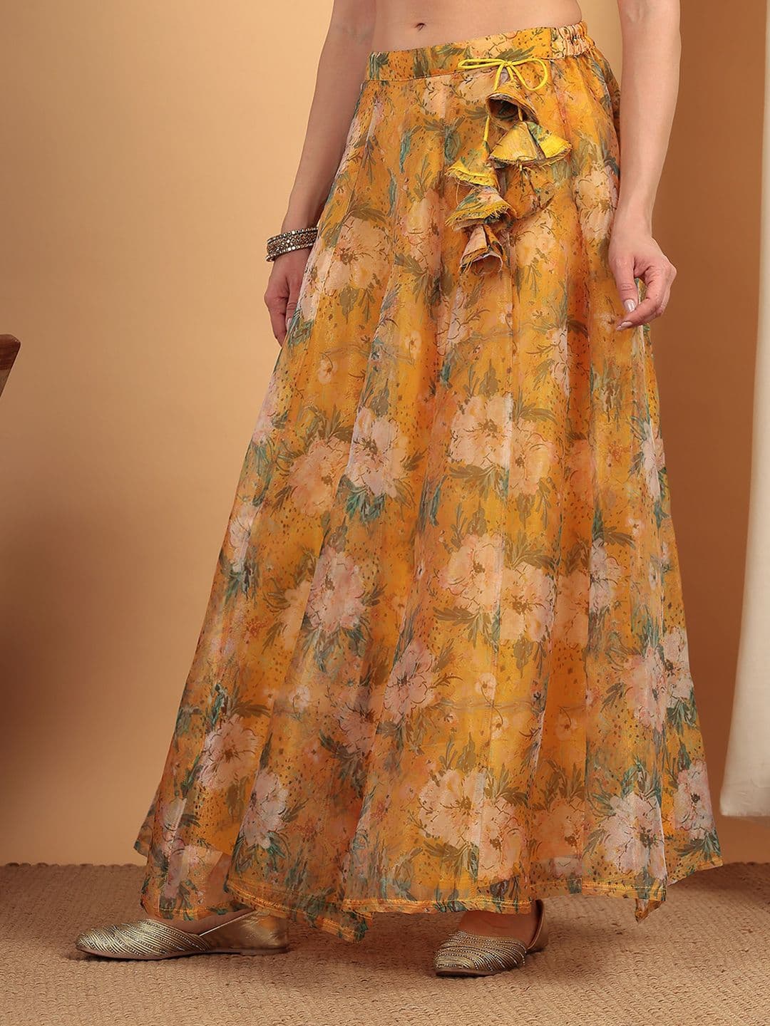 Frolic Rolic Yellow Floral Printed Organza Maxi Skirt thumbnail 2