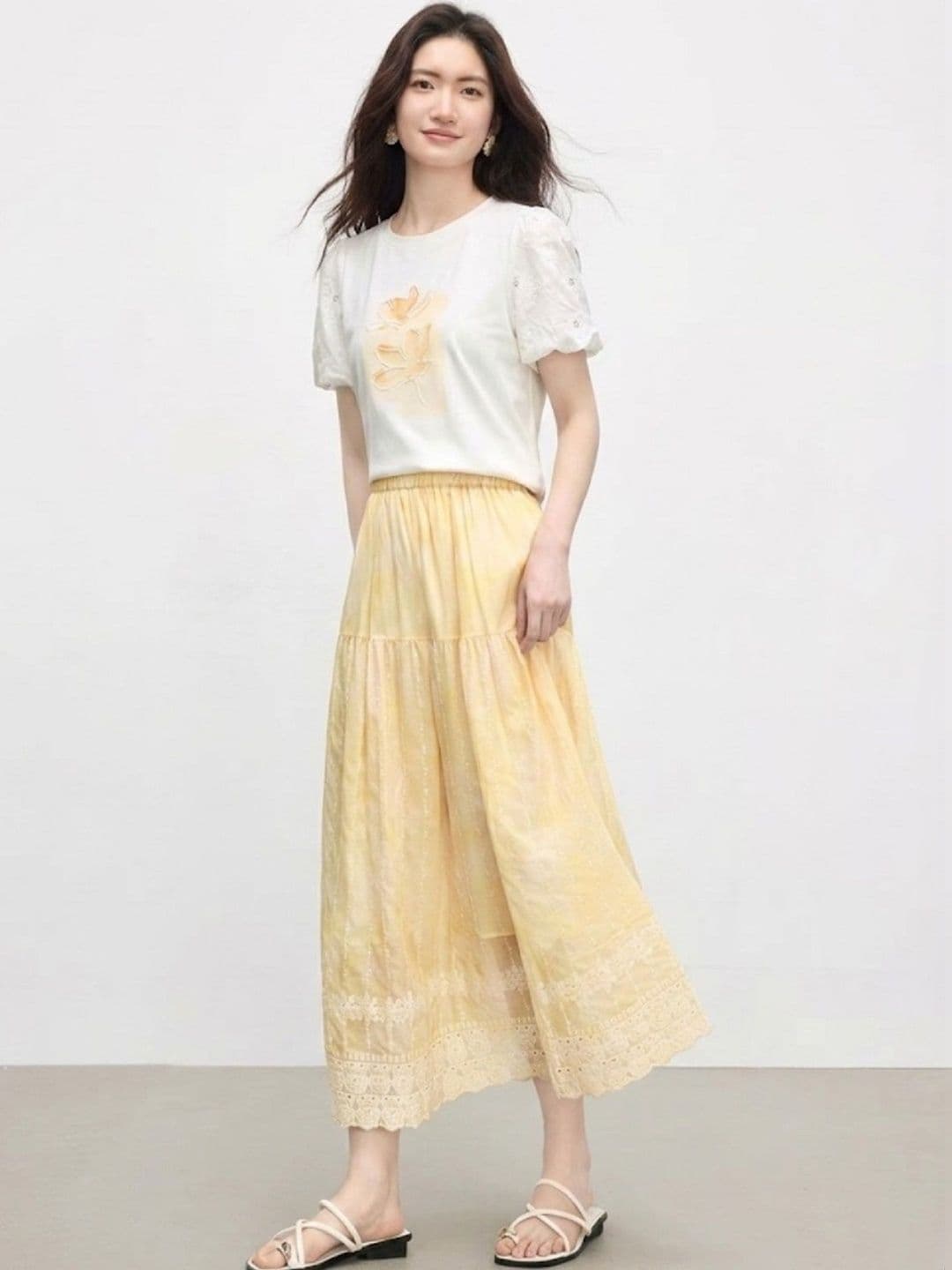 POLLOLOCO Women Cotton Cotton Cambric Self Design Tiered Midi Tiered Skirt - view 1