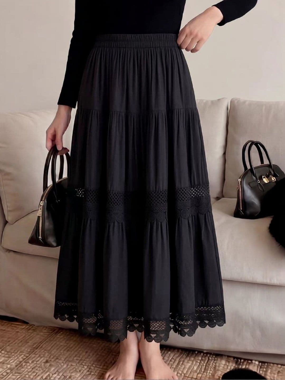 POLLOLOCO Women Cotton Self Design Tiered Midi Tiered Skirt thumbnail 2