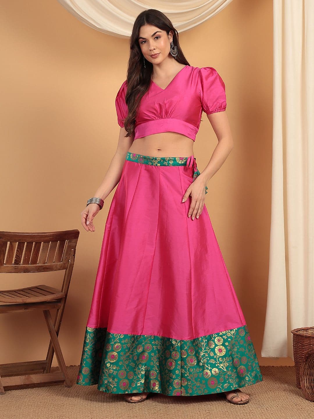 Frolic Rolic Pink & Green Floral Jacquard border Silk Maxi Skirt thumbnail 5