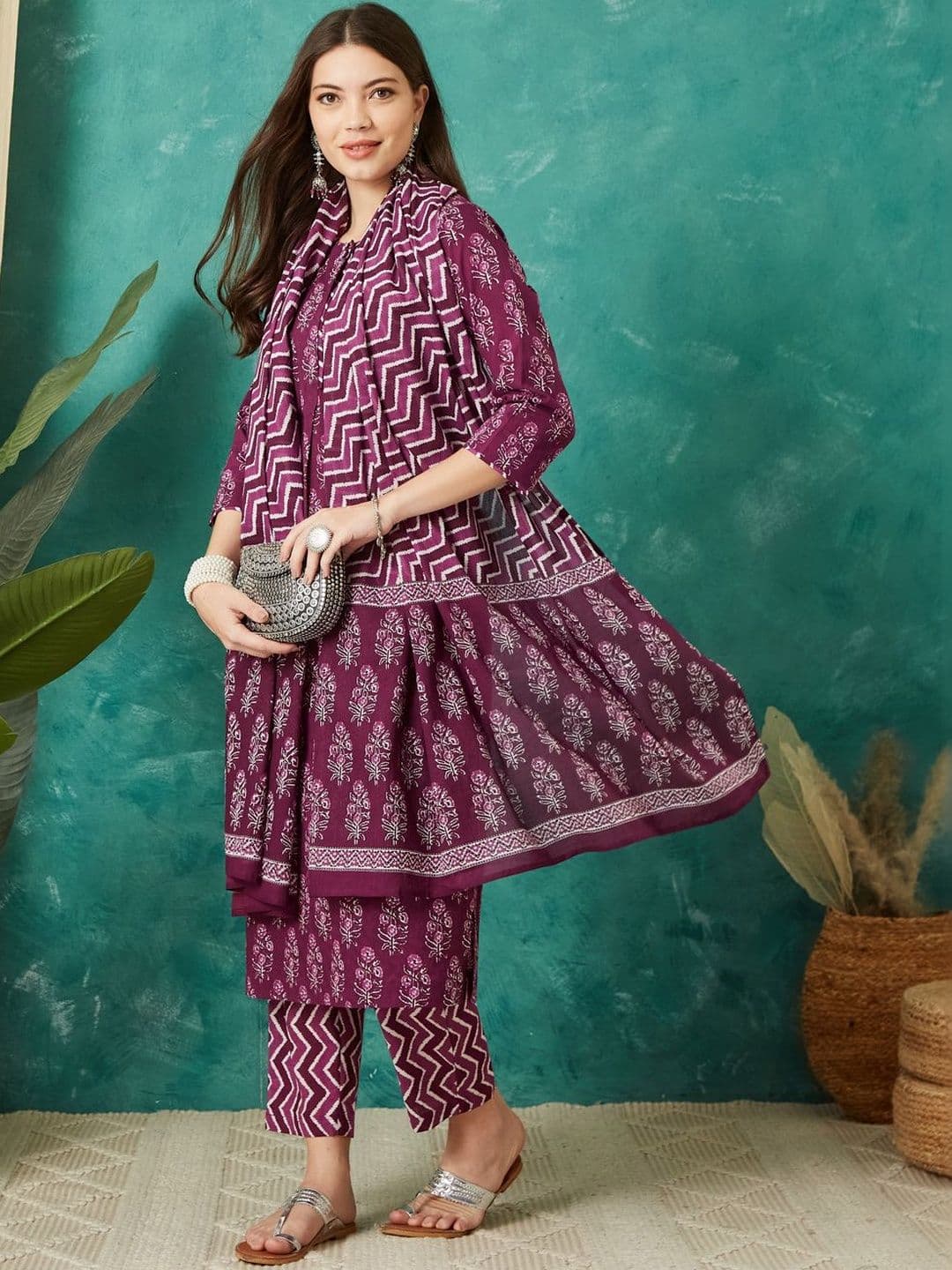 Sangria Printed Cotton Round Neck Kurta & Trousers With Dupatta thumbnail 2