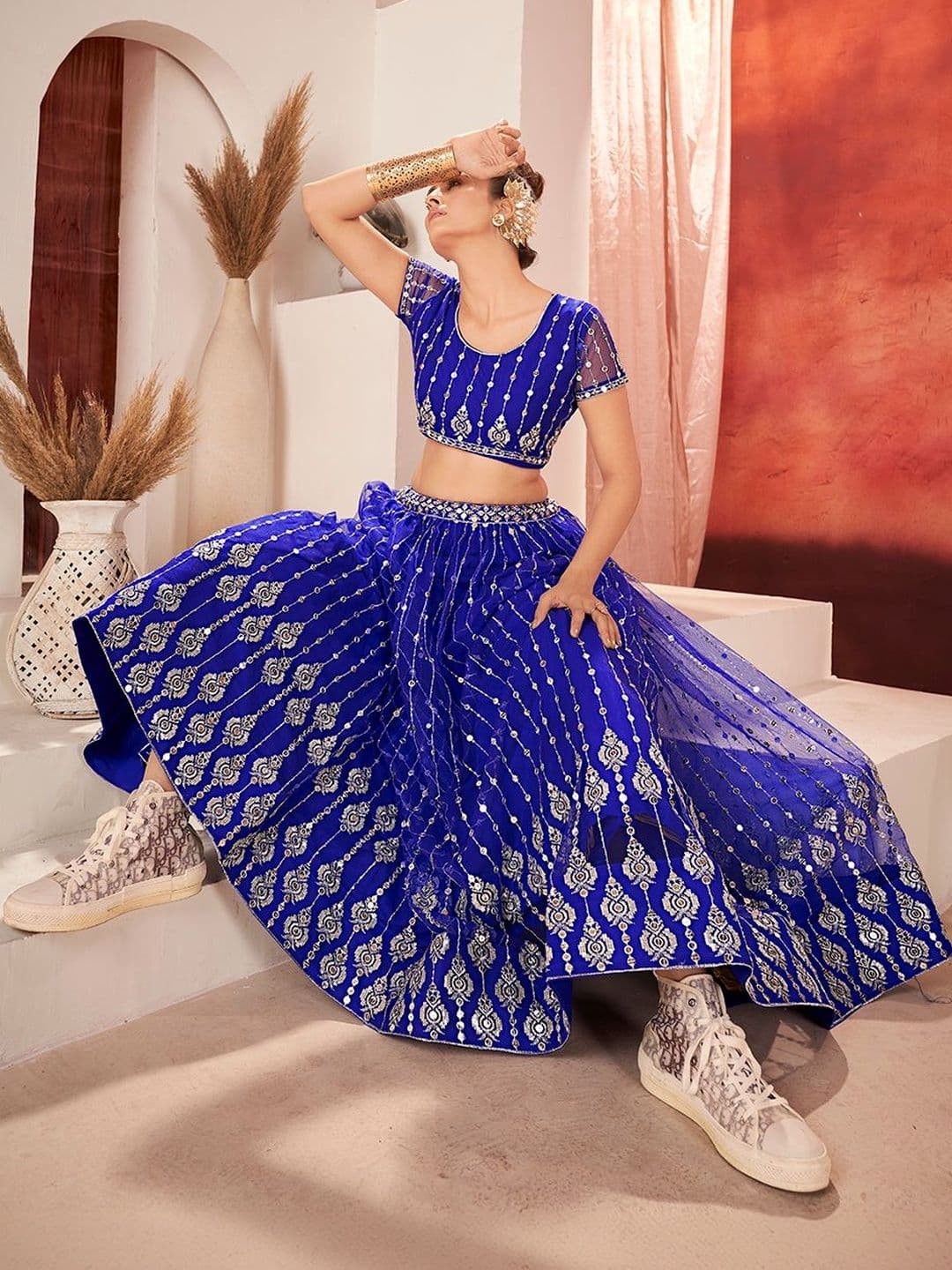 House of Pataudi Embroidered Round Neck Flared Lehenga Choli thumbnail 3