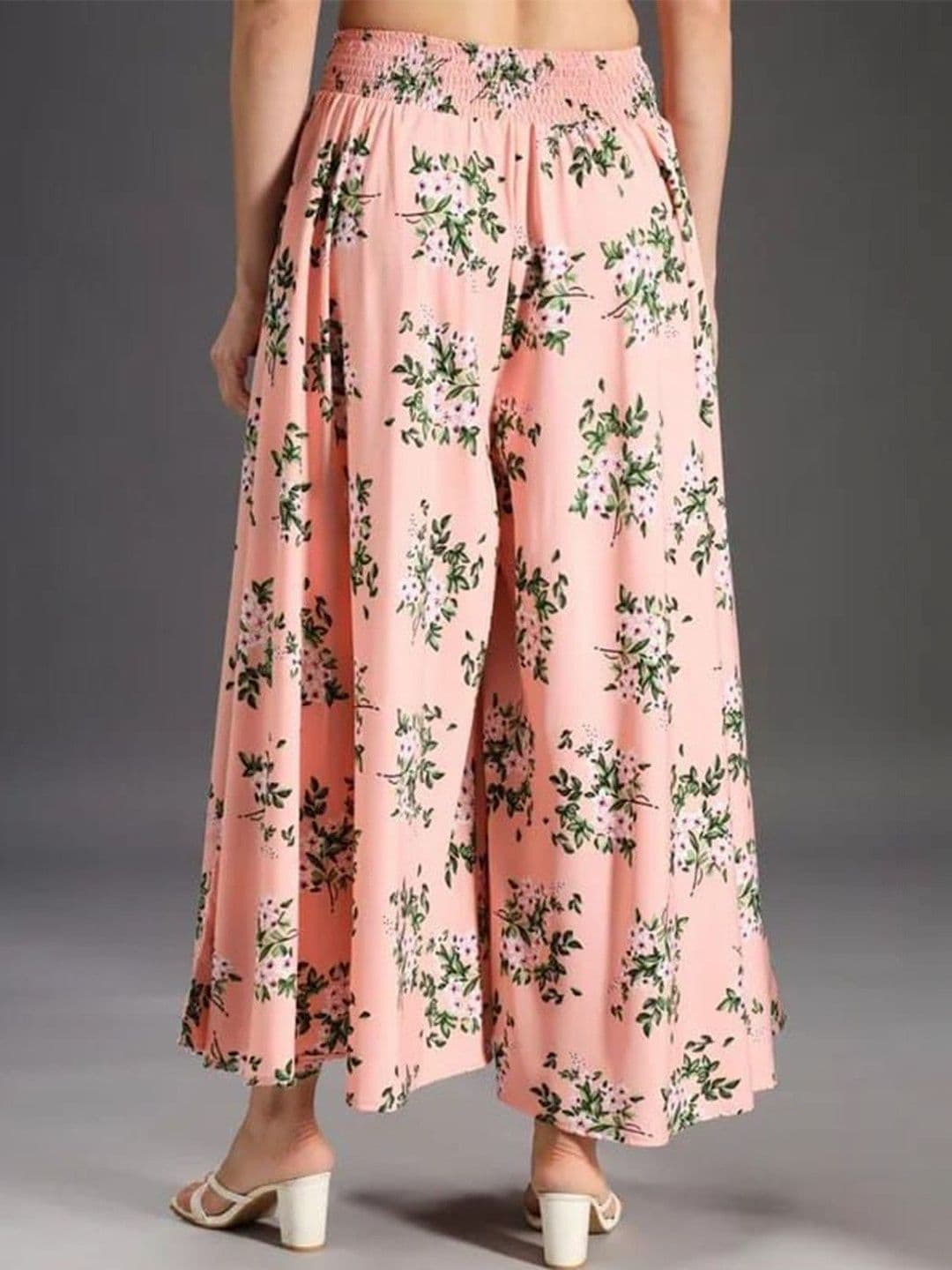 Pink Formal Women Floral Printed Knitted Crepe Flared Palazzos thumbnail 4