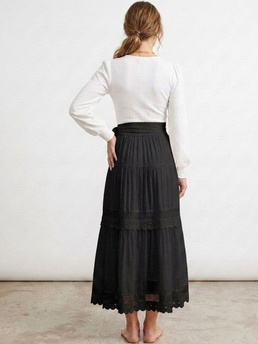 POLLOLOCO Women Cotton Self Design Tiered Midi Tiered Skirt thumbnail 5