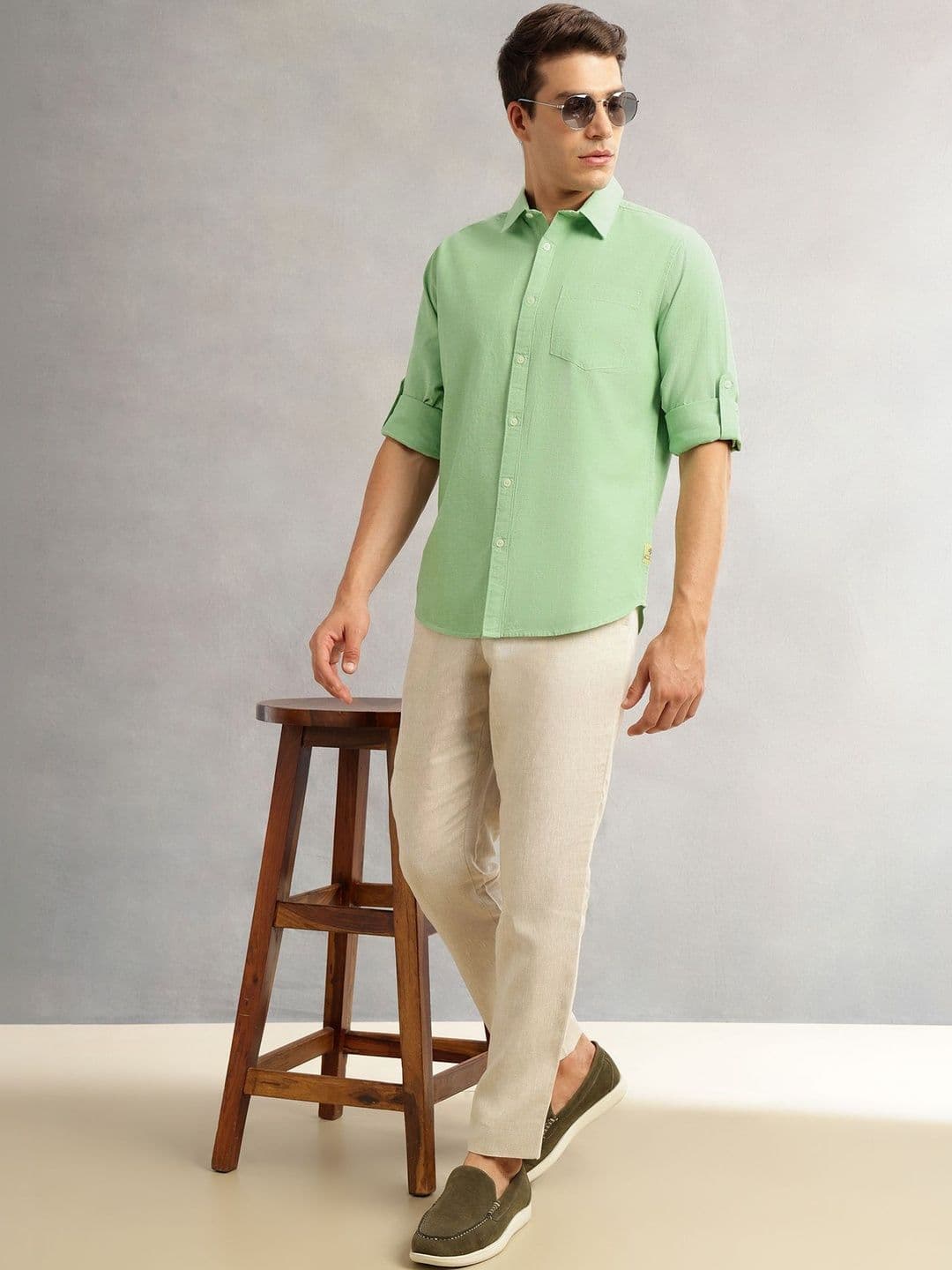 Thomas Scott Men Slim Fit Long Roll-Up Sleeves Spread Collar Solid Linen Casual Shirt thumbnail 5