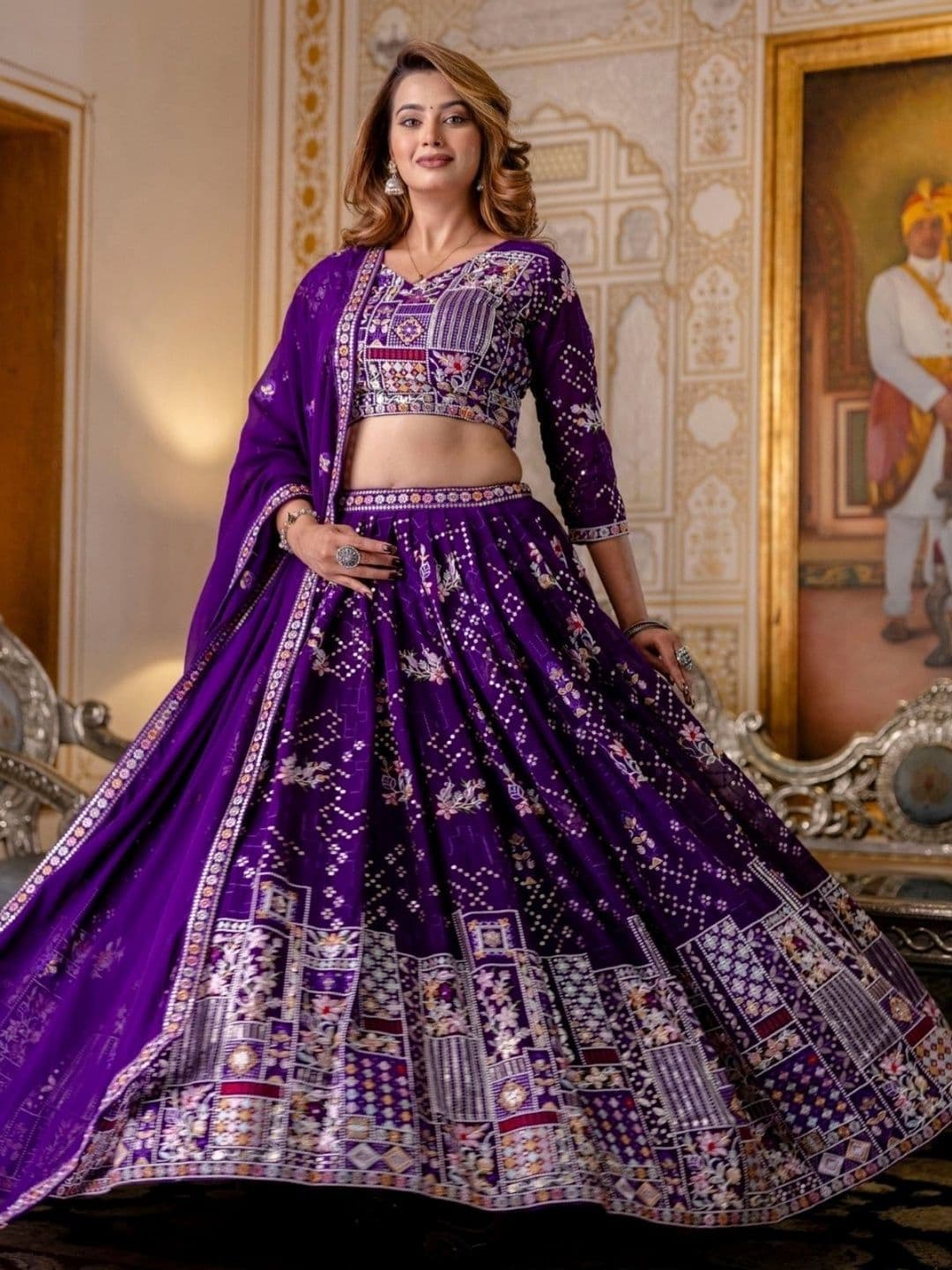 ODETTE Embroidered Thread Work Semi-Stitched Lehenga & Blouse With Dupatta thumbnail 4