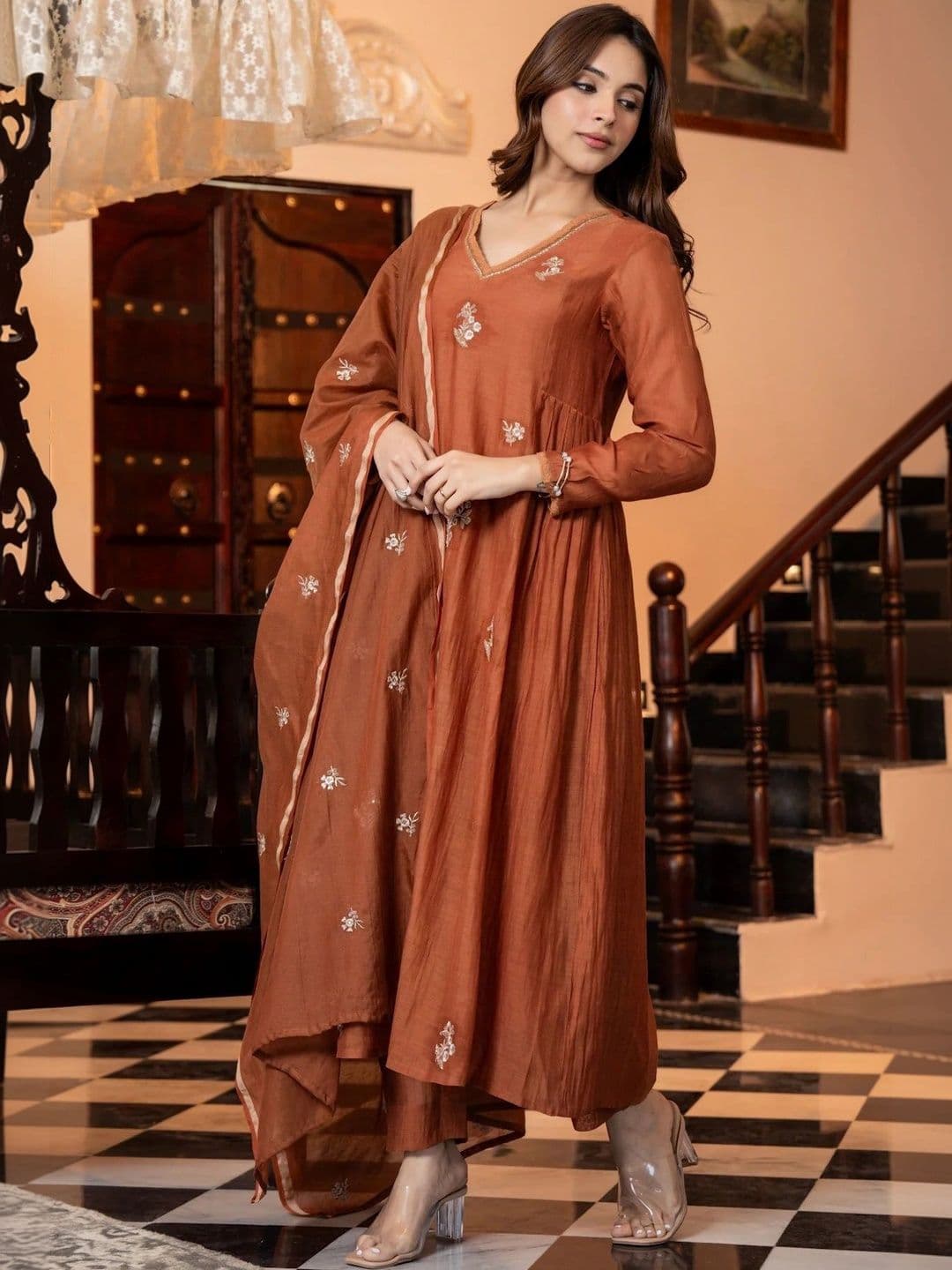 KALINI Women Ethnic Motifs Embroidered Tiered Thread Work Kurta with Trousers & With Dupatta thumbnail 5